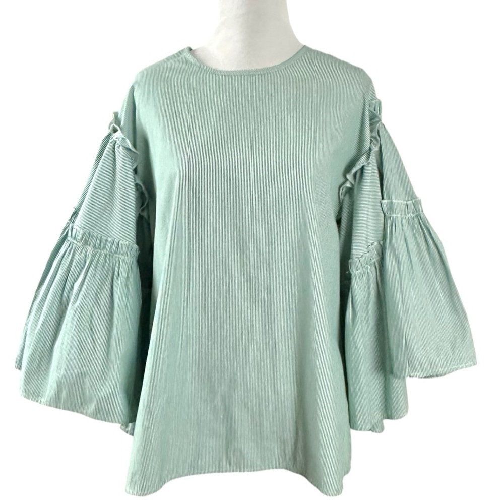 Anthropologie dRA Dramatic Bell Sleeve Striped Preppy Top in Green & White Small - Picture 10 of 10